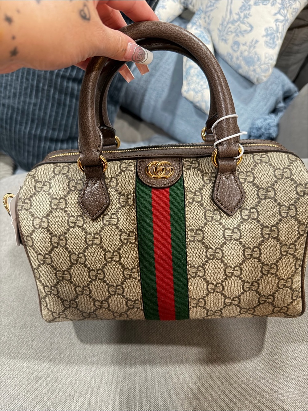 Gucci Brown GG Supreme Satchel with Green-Red Web Stripe